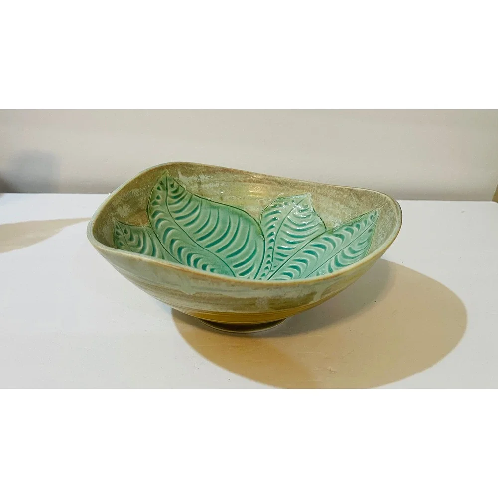 Wendy Wrenn Studio Pottery Leaf Embossed Serving Bowl 9in Teal Green Ceramic